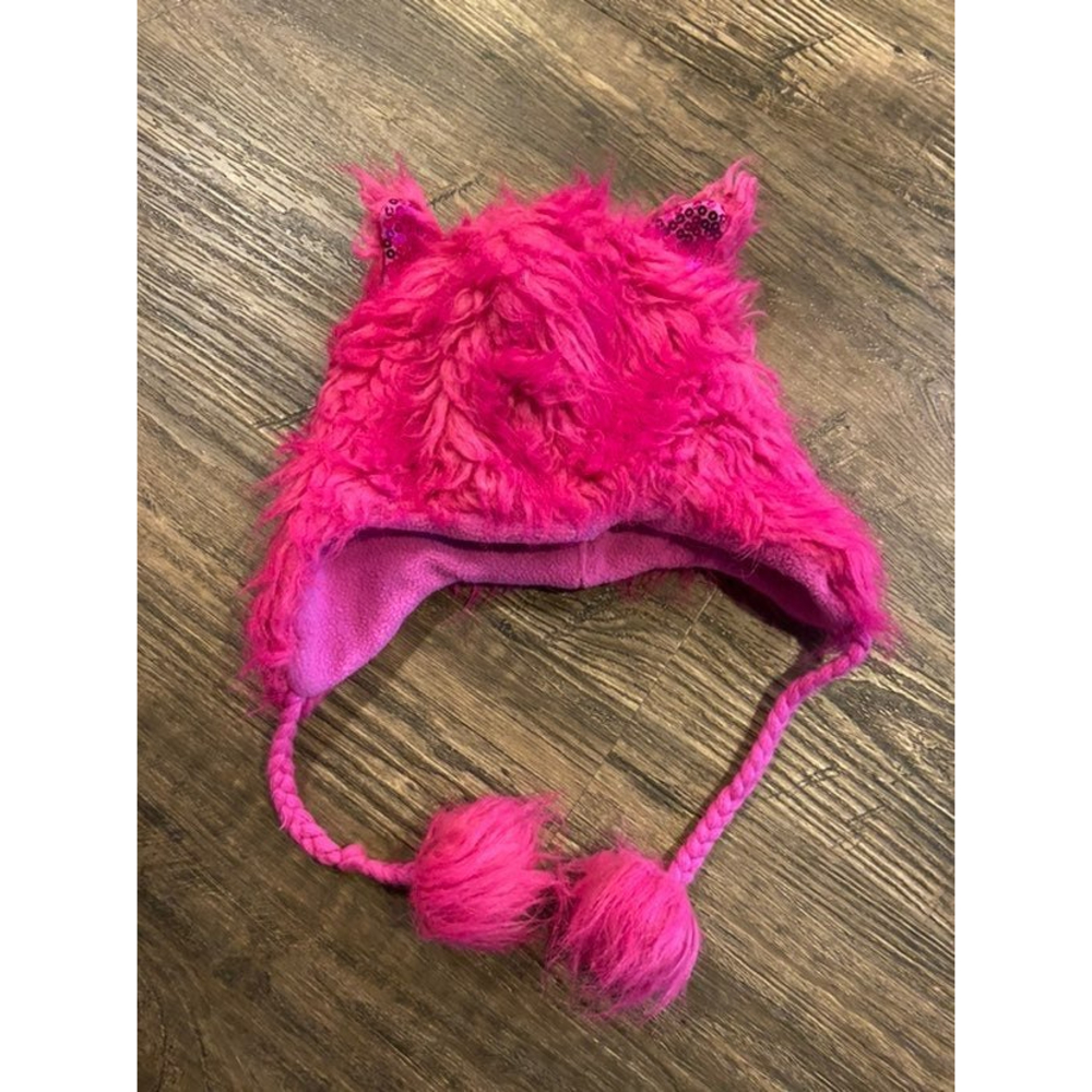 kids pink furry hat with ears and pompoms